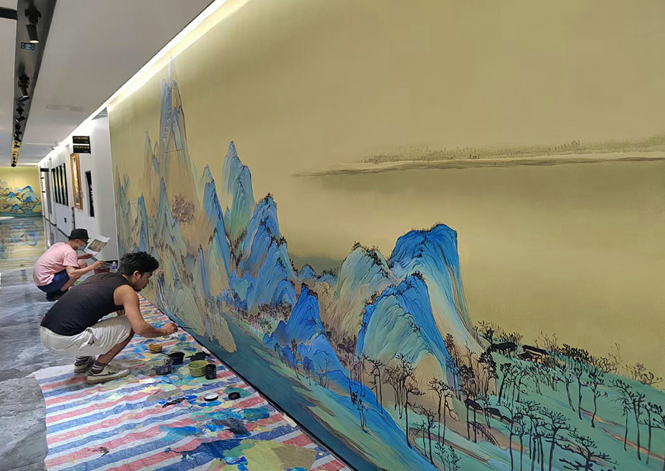 hand painted wall mural in restaurant interior artistic feature wall design