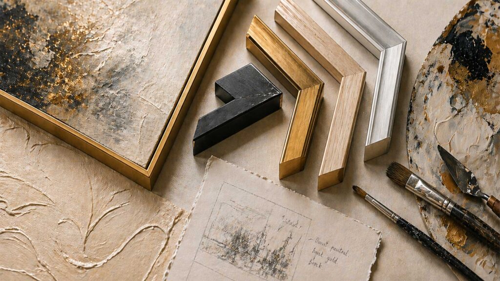 Products 6 hand painted artwork texture close up custom oil painting frame samples brushes palette craftsmanship detail