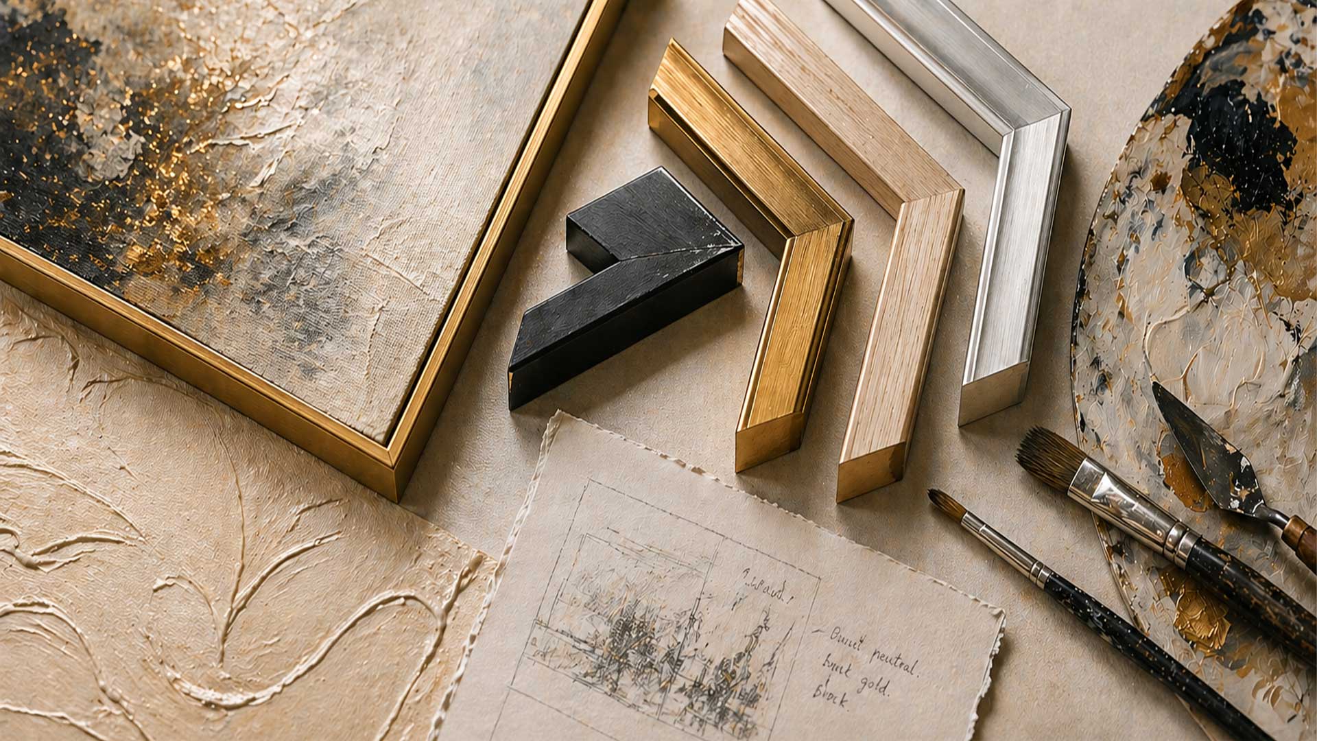 Products 2 hand painted artwork texture close up custom oil painting frame samples brushes palette craftsmanship detail