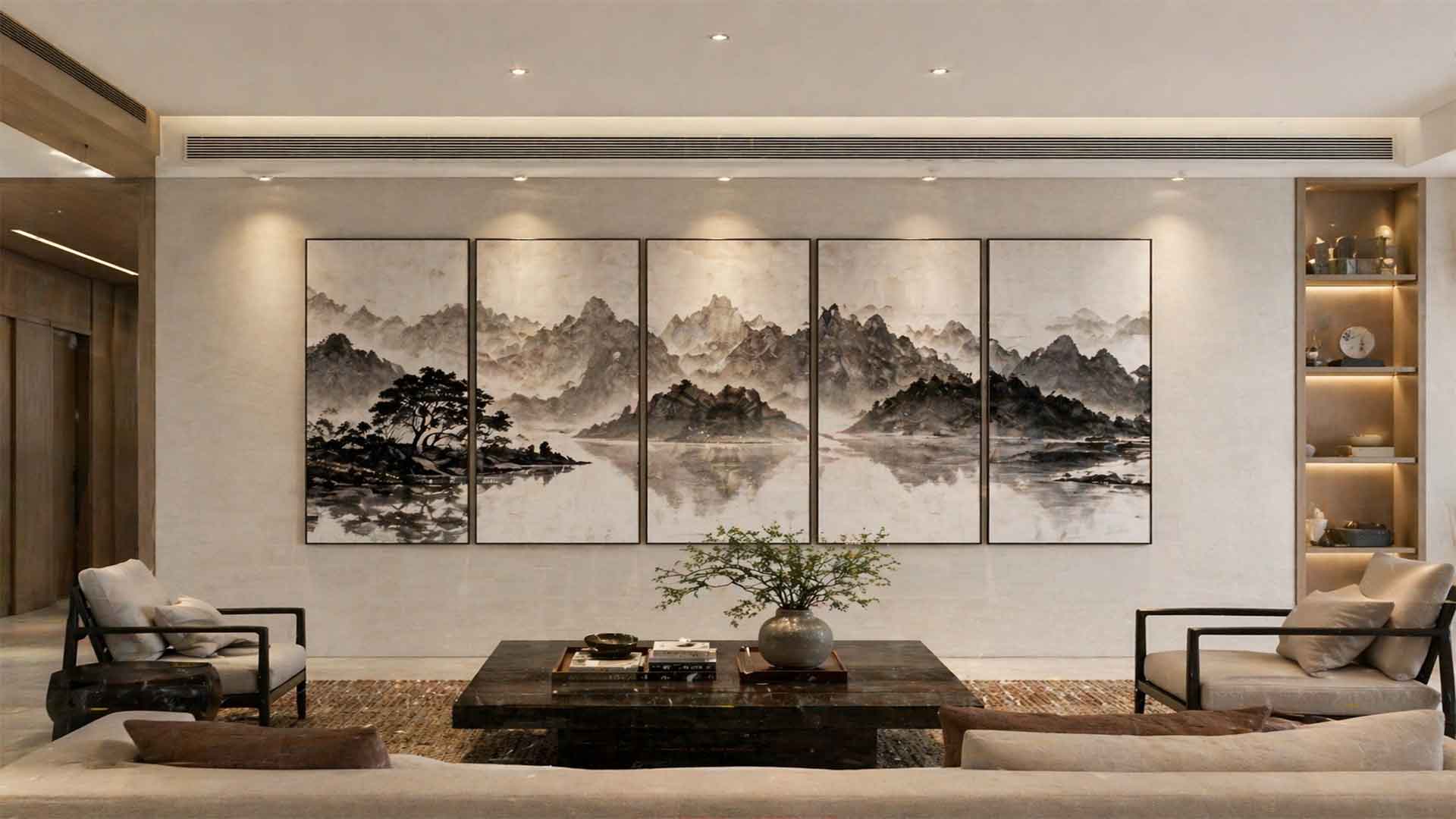 Multi-Panel Art Installations 6 multi panel artwork installed modern interior wide wall