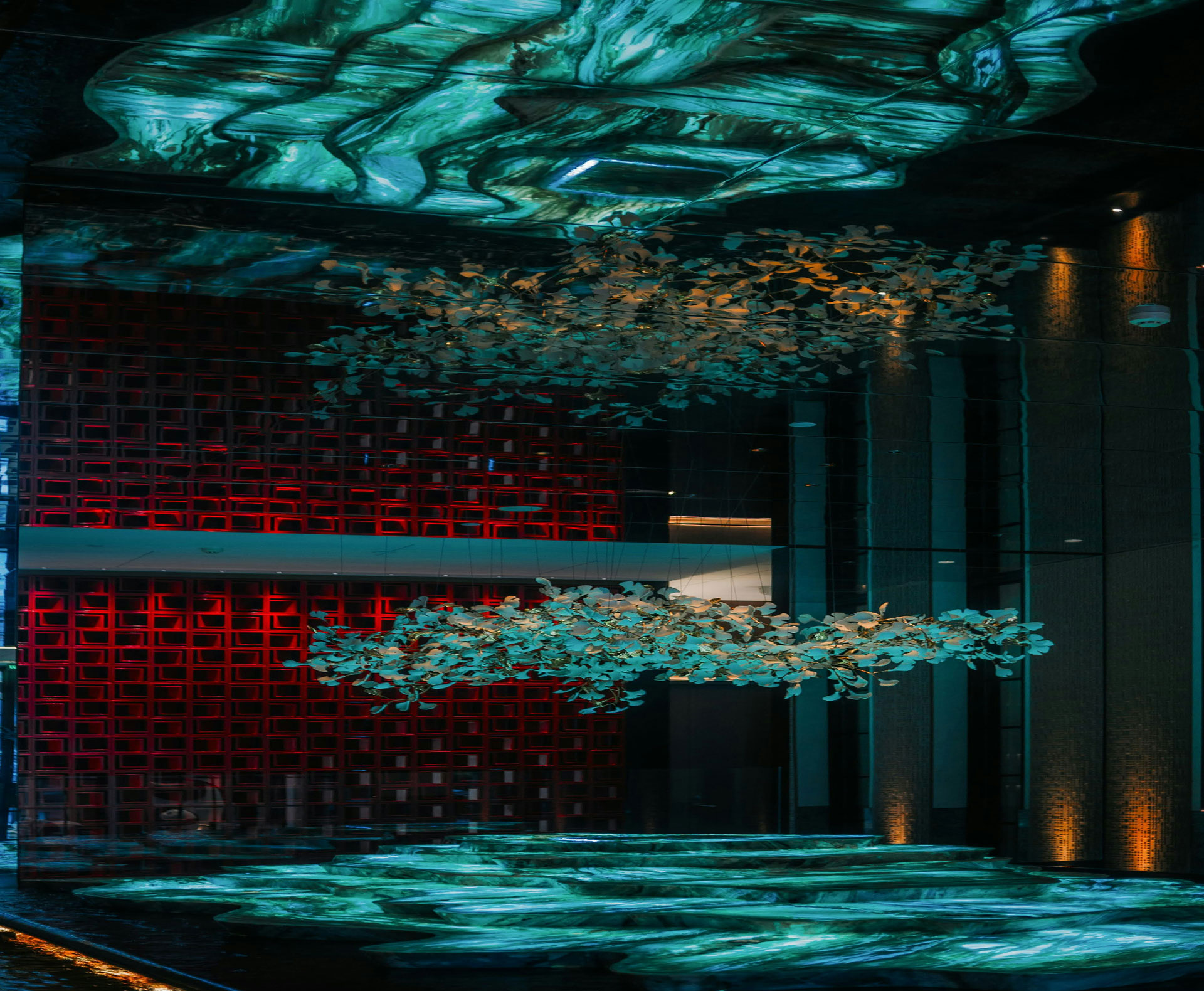 hotel lobby large-scale art installation with abstract oil painting