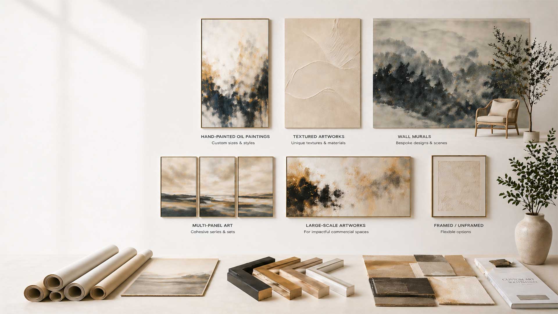custom oil paintings wall murals large scale artworks multi panel art framed canvas commercial interior art supplier