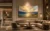 Large contemporary landscape painting installed in luxury hotel lobby with gold frame