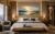 Contemporary landscape painting above hotel bed in luxury guestroom interior