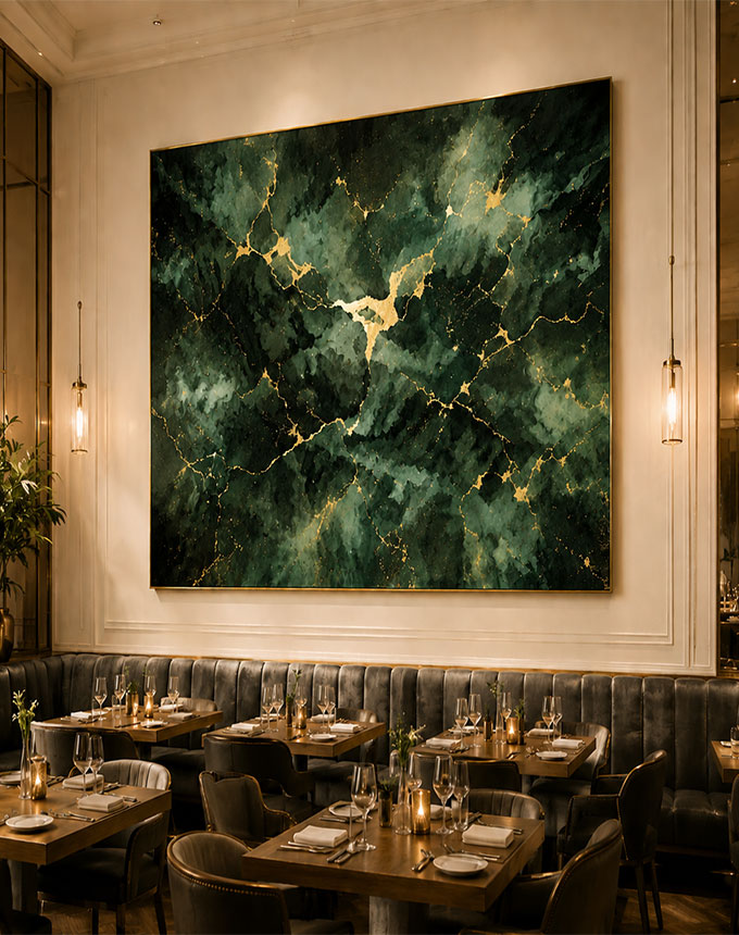 Original Oil Painting Commissions 8 restaurant interior abstract artwork green gold painting