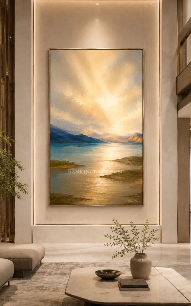 Golden Horizon I-Contemporary Impressionist Landscape with Luminous Sky 3 Large scale vertical landscape painting for hotel lobby feature wall