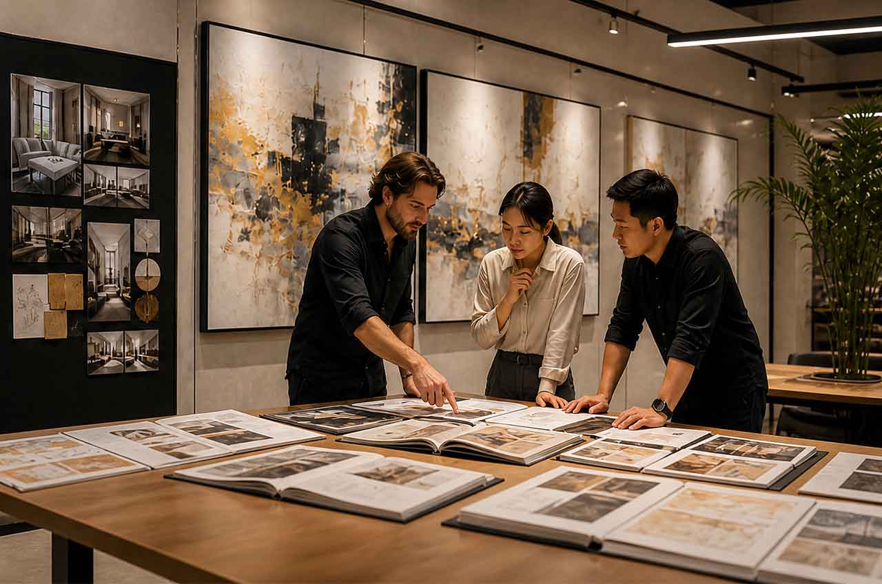 About Us 20 art consultants discussing custom artwork project interior design meeting artwork selection process