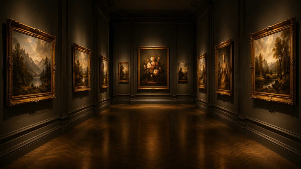museum inspired art gallery corridor with classical framed paintings
