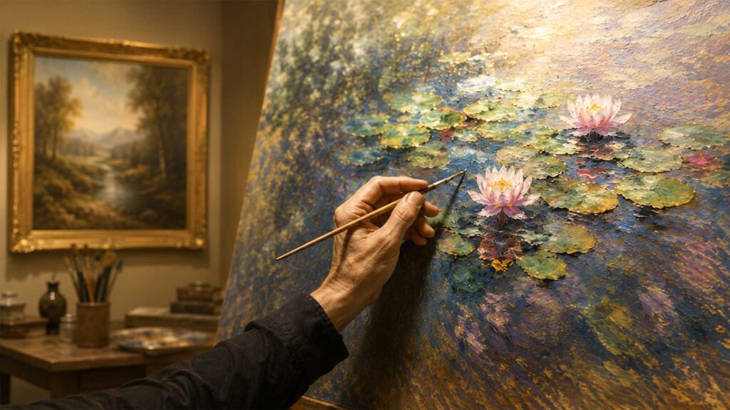 museum grade oil painting replica artist recreating monet water lilies