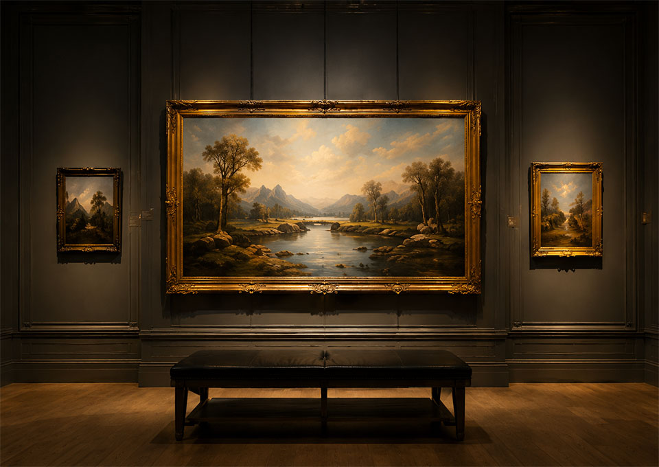 museum gallery interior with framed classical oil painting replicas