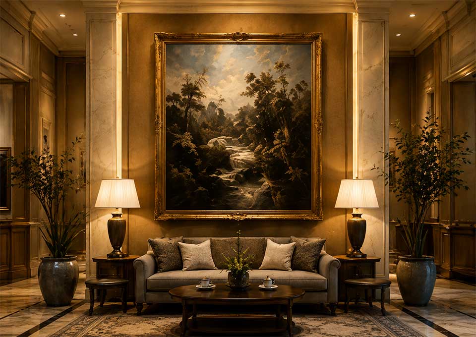 luxury hotel lobby with museum grade oil painting artwork
