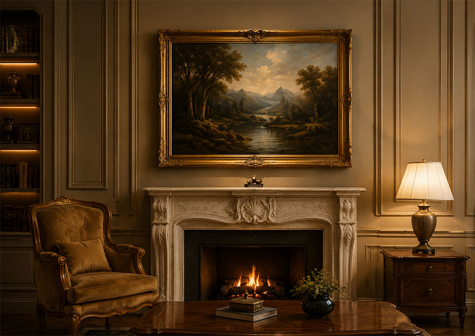 luxury residential interior with classical framed oil painting