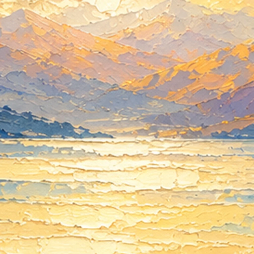 Golden Horizon I-Contemporary Impressionist Landscape with Luminous Sky 1 Hand painted texture detail showing luminous reflections and mountain landscape