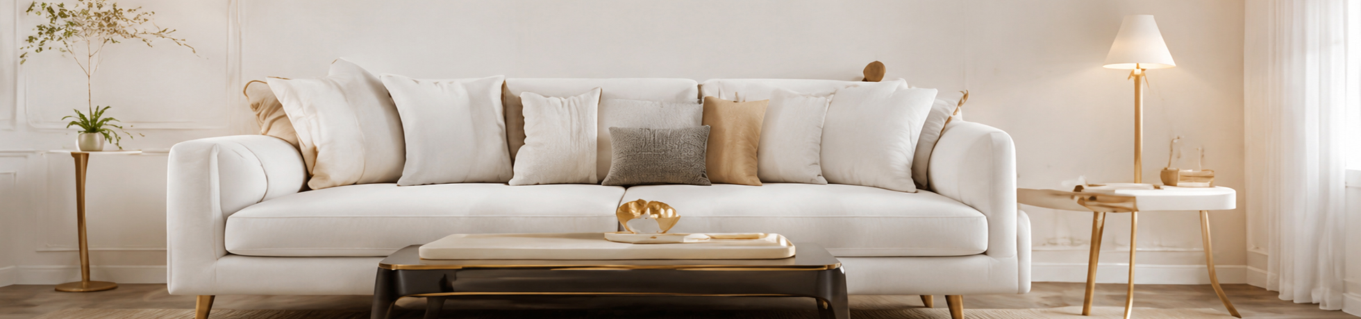 luxury neutral living room interior with modern white sofa and gold accent decor