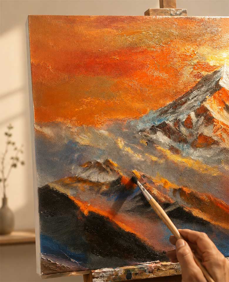 artist hand-painting textured oil artwork in professional studio