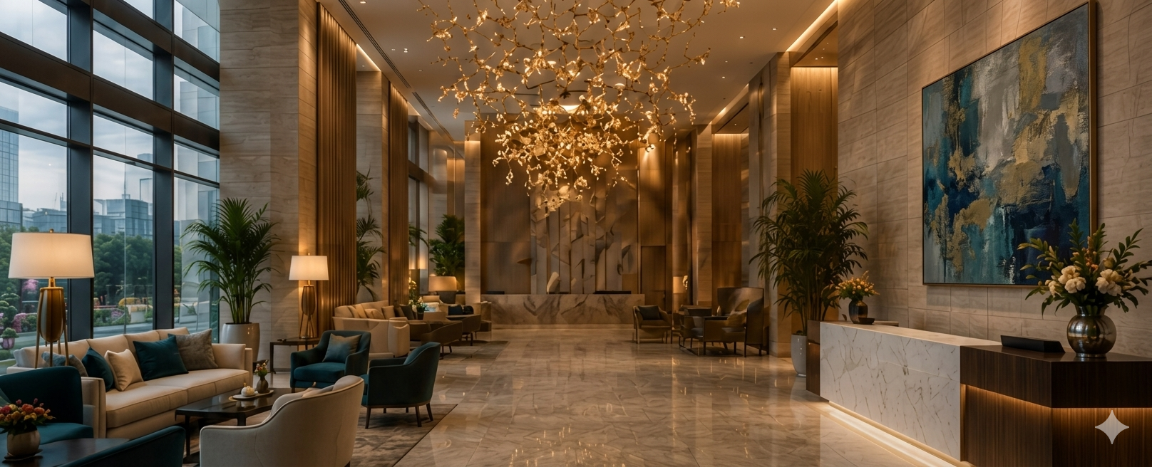 Solutions 1 Custom Art Solutions B2B Art Production hand-painted abstract artwork in a luxury hotel lobby reception area with warm lighting and elegant seating.
