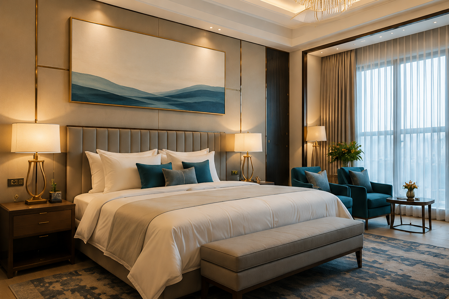 Solutions 2 Modern luxury hotel guestroom bedroom featuring a custom blue abstract landscape painting above the bed.