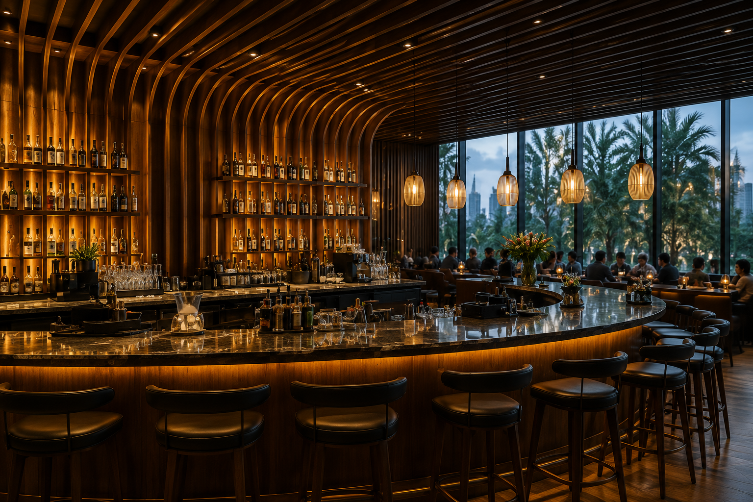 Solutions 5 Upscale restaurant bar lounge interior with sophisticated warm linear wooden ceiling and ambient lighting.