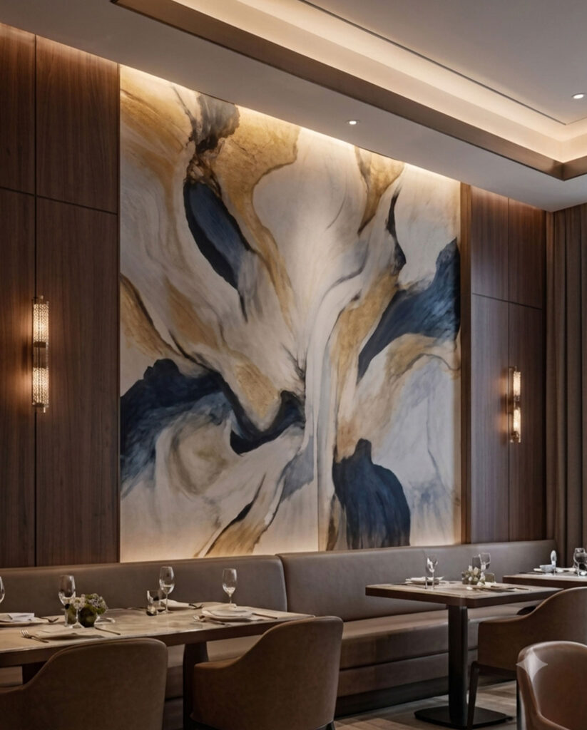 Luxe Abstract Murals featuring a large-scale 3D gold leaf and blue fluid canvas painting behind a modern marble cocktail bar.