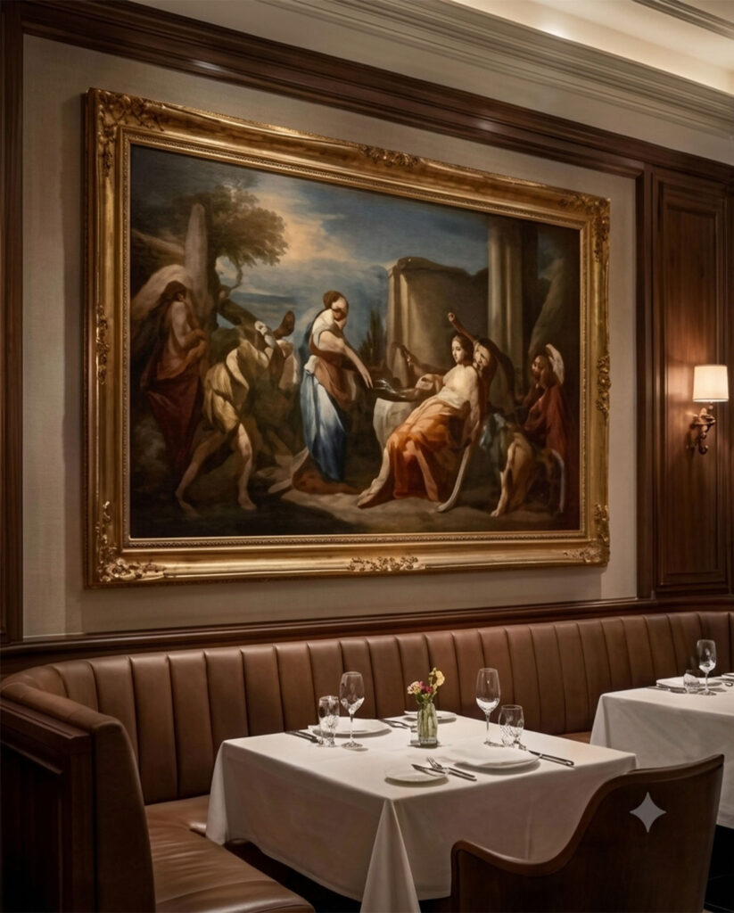 Classical Dining Commissions showcasing a large custom-framed European romantic oil painting in a luxury restaurant VIP private salon.