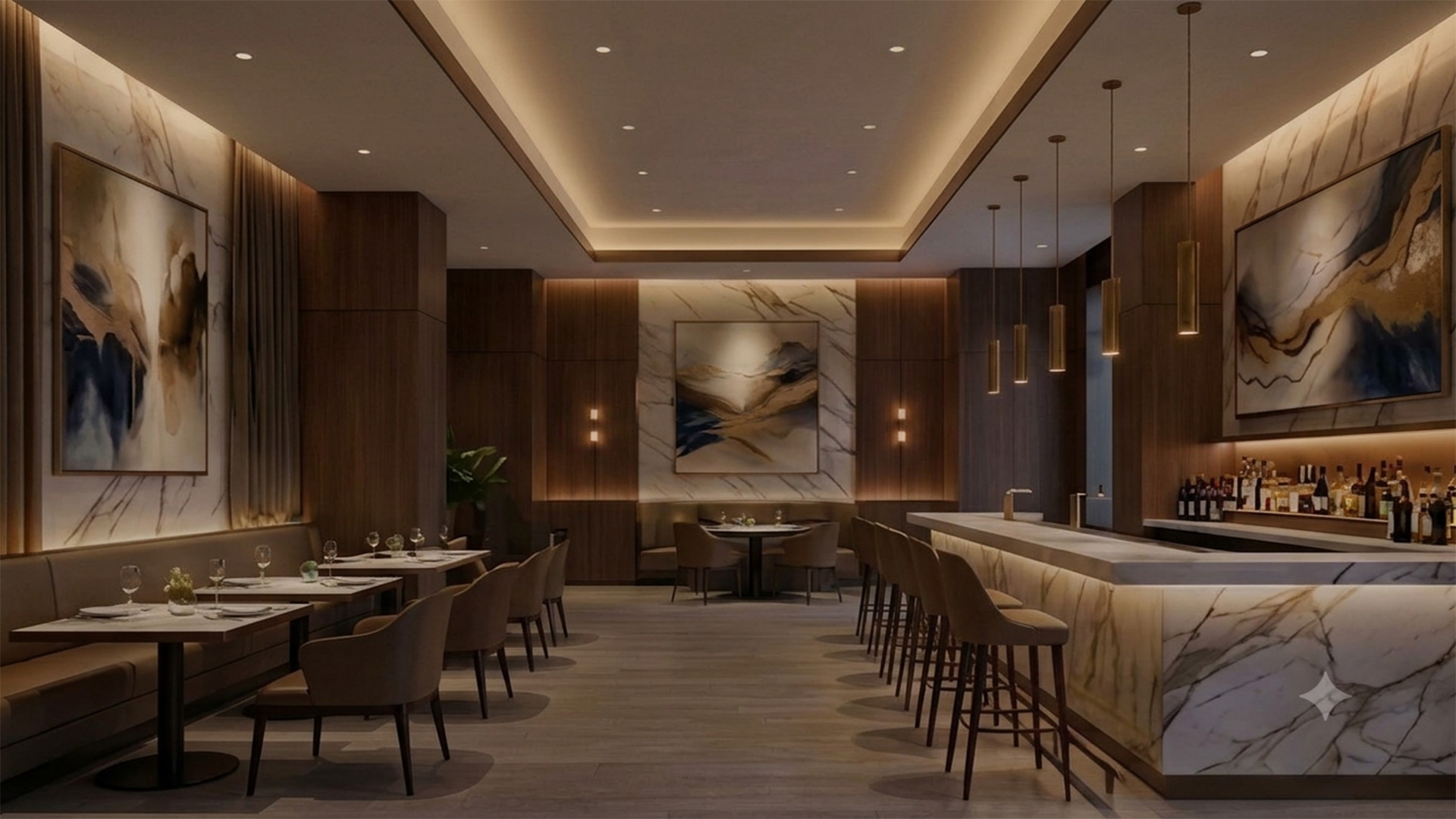 Luxury dining room featuring bespoke restaurant wall art solutions by Rankin Craft.