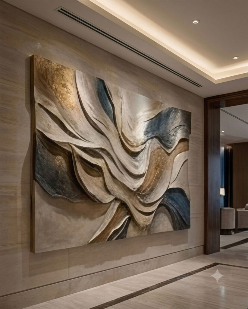 Mixed Media Public Space Art featuring a grand-scale nature-textured landscape painting with heavy gold foil overlay at a fine dining entrance.