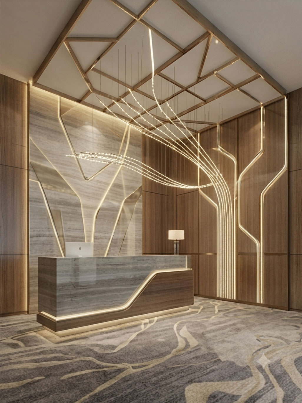 Hotel & Hospitality Art 5 Luxury boutique hotel reception desk area with a bespoke dynamic light art installation and integrated architectural wood paneling.