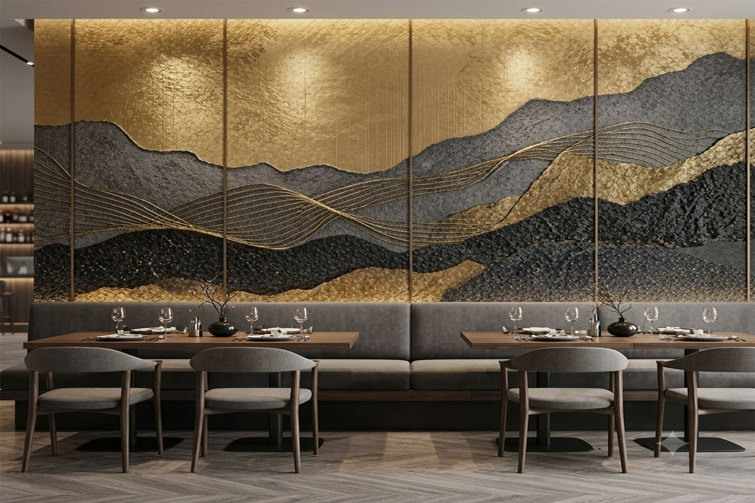 Hotel & Hospitality Art 4 Contemporary hospitality dining space featuring a modern abstract landscape textured painting with gold line accents above booth seating.