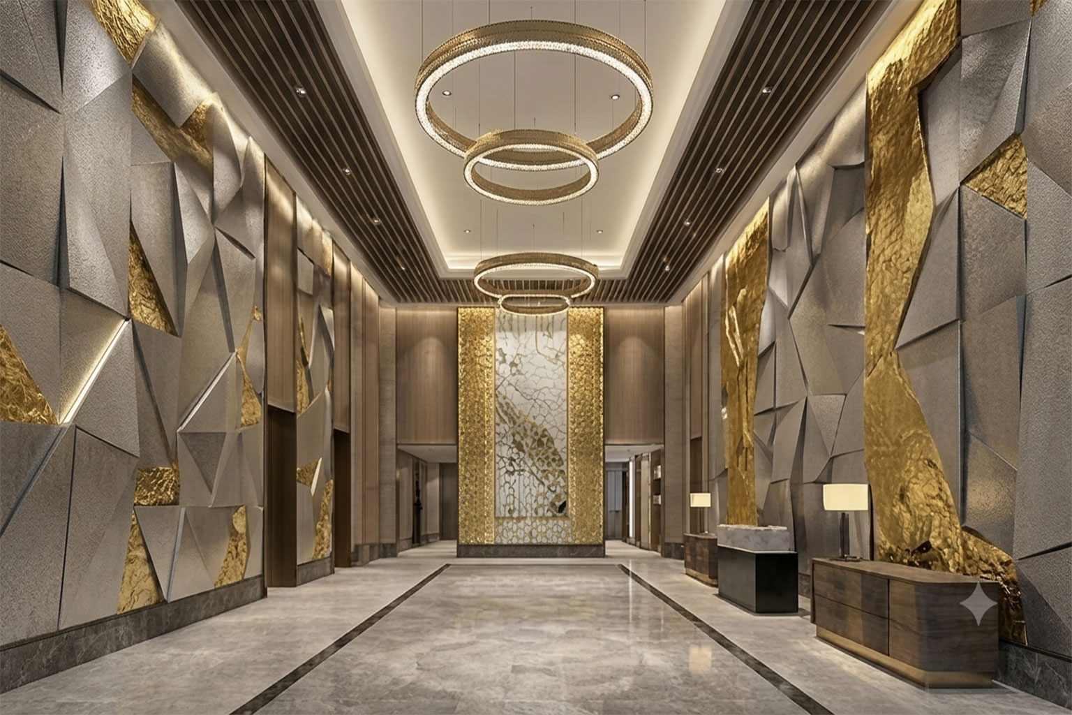 Hotel & Hospitality Art 3 Grand hotel lobby atrium corridor showcasing massive geometric metal relief and gold foil textured murals under ring chandeliers.