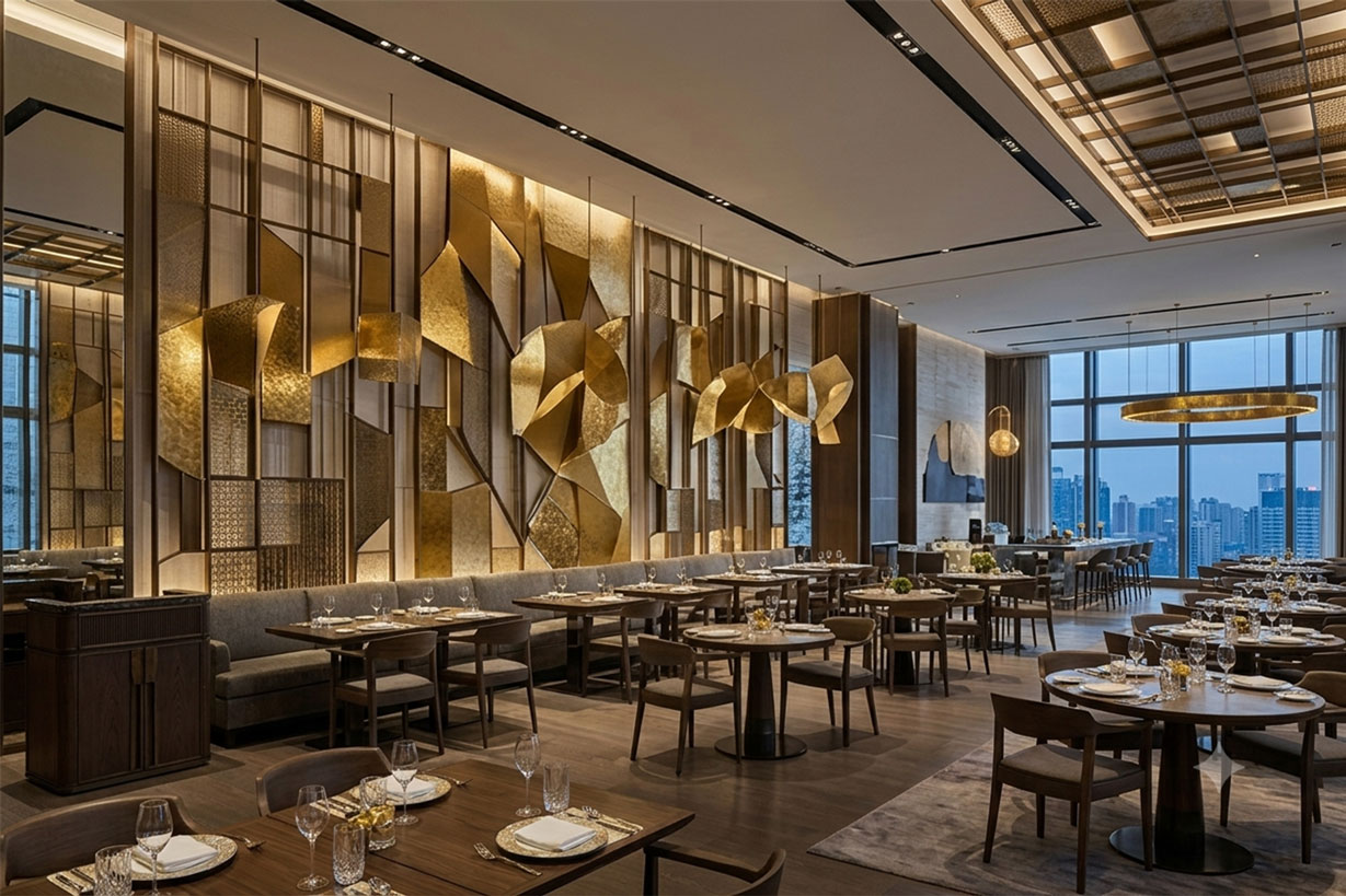Hotel & Hospitality Art 2 Upscale hotel restaurant interior design integrating bespoke mixed-media gold panels and geometric wall art installations.