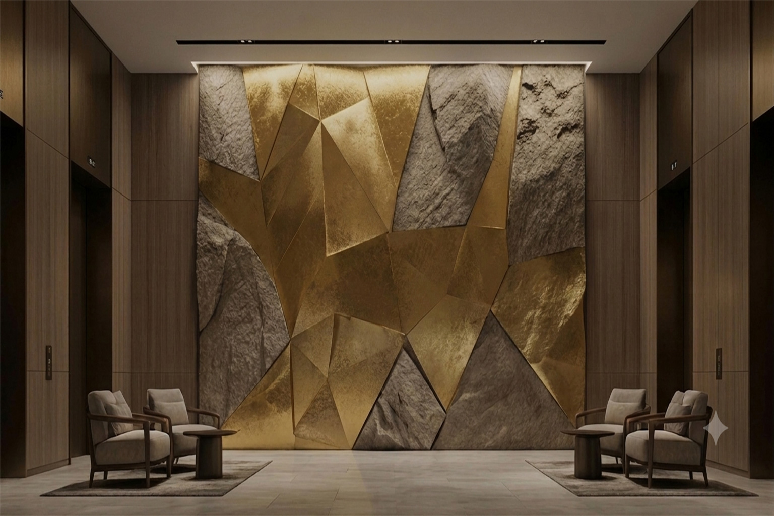 Hotel & Hospitality Art 1 Luxury hotel elevator lobby featuring a large-format custom gold foil and natural rock texture abstract wall mural by Hotel Art Solutions.