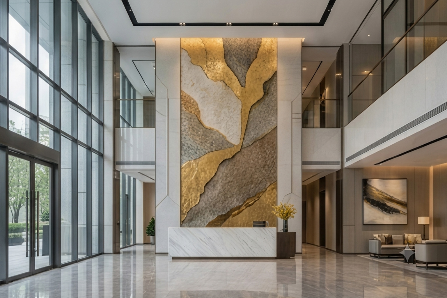 Solutions 6 Grand-scale custom geometric abstract gold foil and textured rock feature wall installation in a corporate office headquarters lobby, premium B2B commercial art production behind a marble reception desk by Rankin Craft.