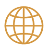 Solutions 11 a gold line-art icon of a globe on transparent background, representing internationational service and delivery