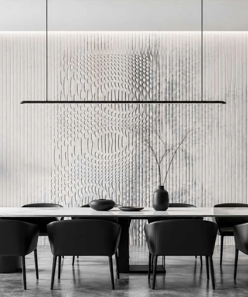 Contemporary textured wall artwork in modern restaurant interior