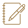 Minimalist line icon of a spiral notebook and pen representing tailored art specs and design detailing for interior projects.