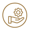 Gold line icon of a hand holding a mechanical gear, representing seamless hospitality art project execution and coordination.