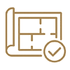Line icon of an interior floor plan blueprint with a checkmark, showcasing spatial art optimization for restaurants.