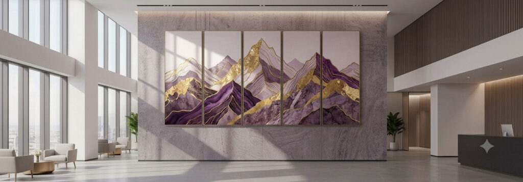Commercial Interior Artworks 1 Luxury framed triptych oil painting displaying gold leaf and mineral textures as premium commercial interior artworks in a modern boardroom.