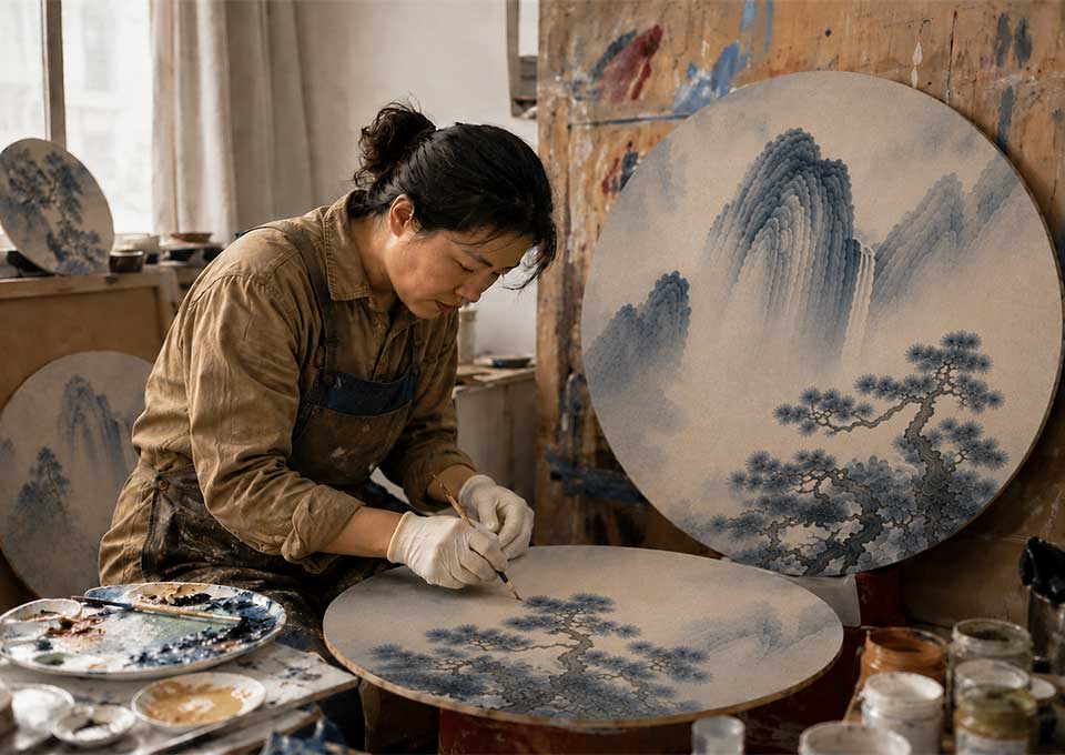 Candid photo of artisan hand-applying gold leaf in a busy art studio