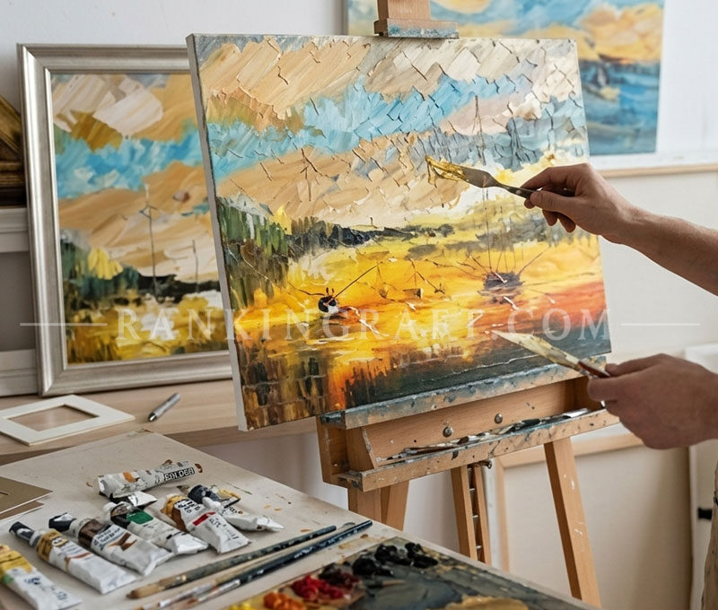 An authentic photograph from inside the art studio, showing a skilled artist in an apron using a palette knife to apply thick paint and gold foil to the sailboat canvas, reinforcing artisanal source and bespoke service.