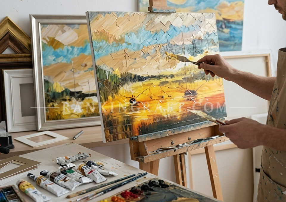 Hospitality Art Projects 8 An authentic photograph from inside the art studio, showing a skilled artist in an apron using a palette knife to apply thick paint and gold foil to the sailboat canvas, reinforcing artisanal source and bespoke service.