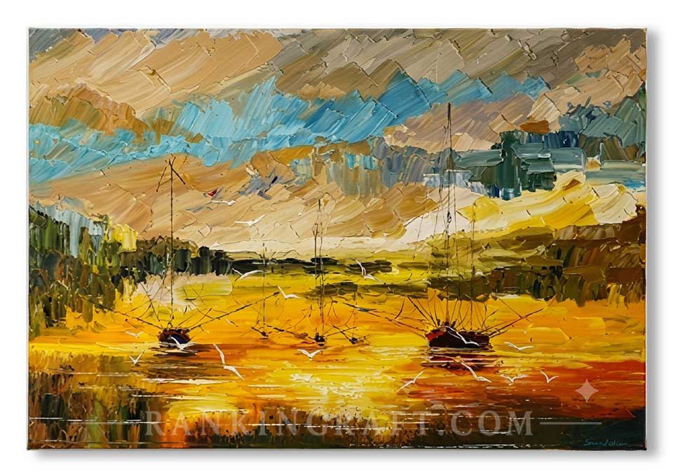 A high-resolution, perfectly frontal photograph of the un-stretched canvas oil painting of a golden sailboat sunset. Ideal resource for interior designers and CAD mockups.