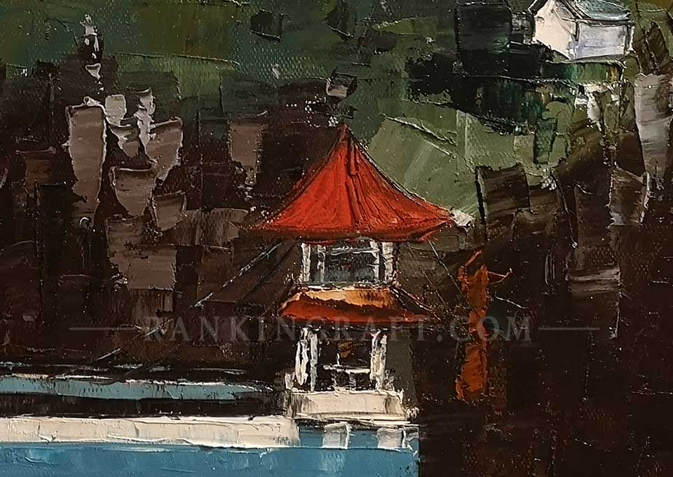 Luxury Bespoke Art: Large Palette Knife Landscape Painting for High-End Decor 8 Extreme macro close-up of thick oil paint strokes and palette knife texture on a red Chinese pagoda painting