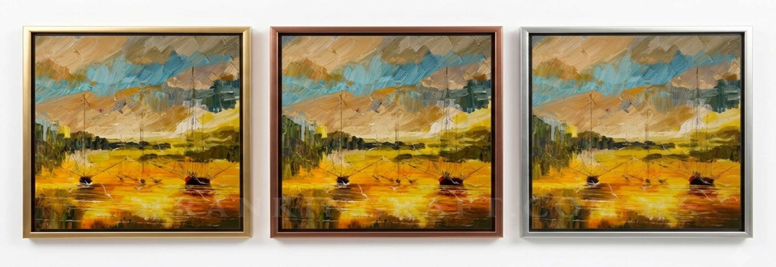 A full, straight-on view of the original golden sunset sailboat oil painting, professionally enclosed in a sleek, brushed aluminium silver frame. Ready-to-hang solution for interior purchasing.