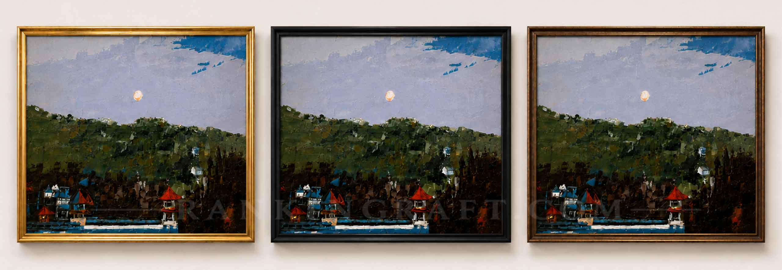 Luxury Bespoke Art: Large Palette Knife Landscape Painting for High-End Decor 10 Side-by-side comparison of oriental landscape canvas art in luxury gold, sleek black, and classic antique bronze frames