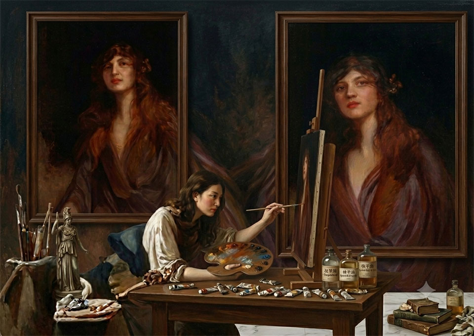 Hospitality Art Projects 5 Professional female artist painting a museum replica portrait commission on canvas inside a fine art studio with technical oil mediums.