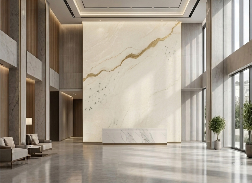 Commercial Interior Artworks 3 A custom fluid gold vein marble feature wall mural with natural flowing river aesthetics in a bright, modern interior lobby.