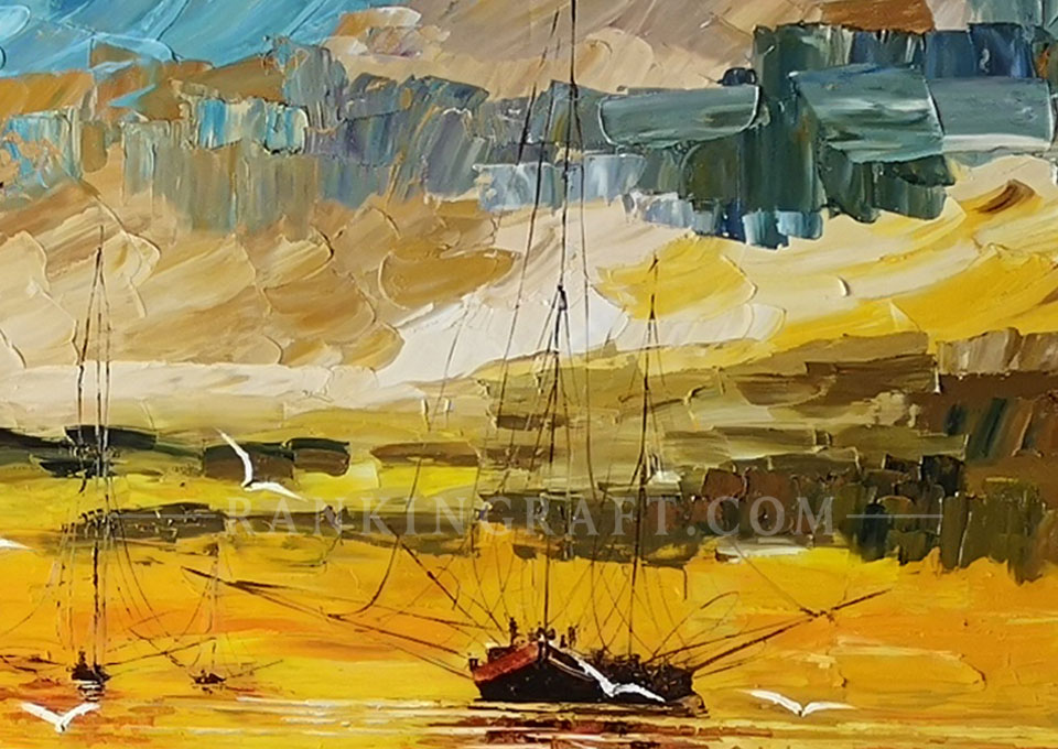 A macro close-up photograph of the original hand-painted oil painting, detailing heavy impasto palette knife textures, actual gold leaf application, and multi-layered colors, proving handcrafted quality and authentic artistry.