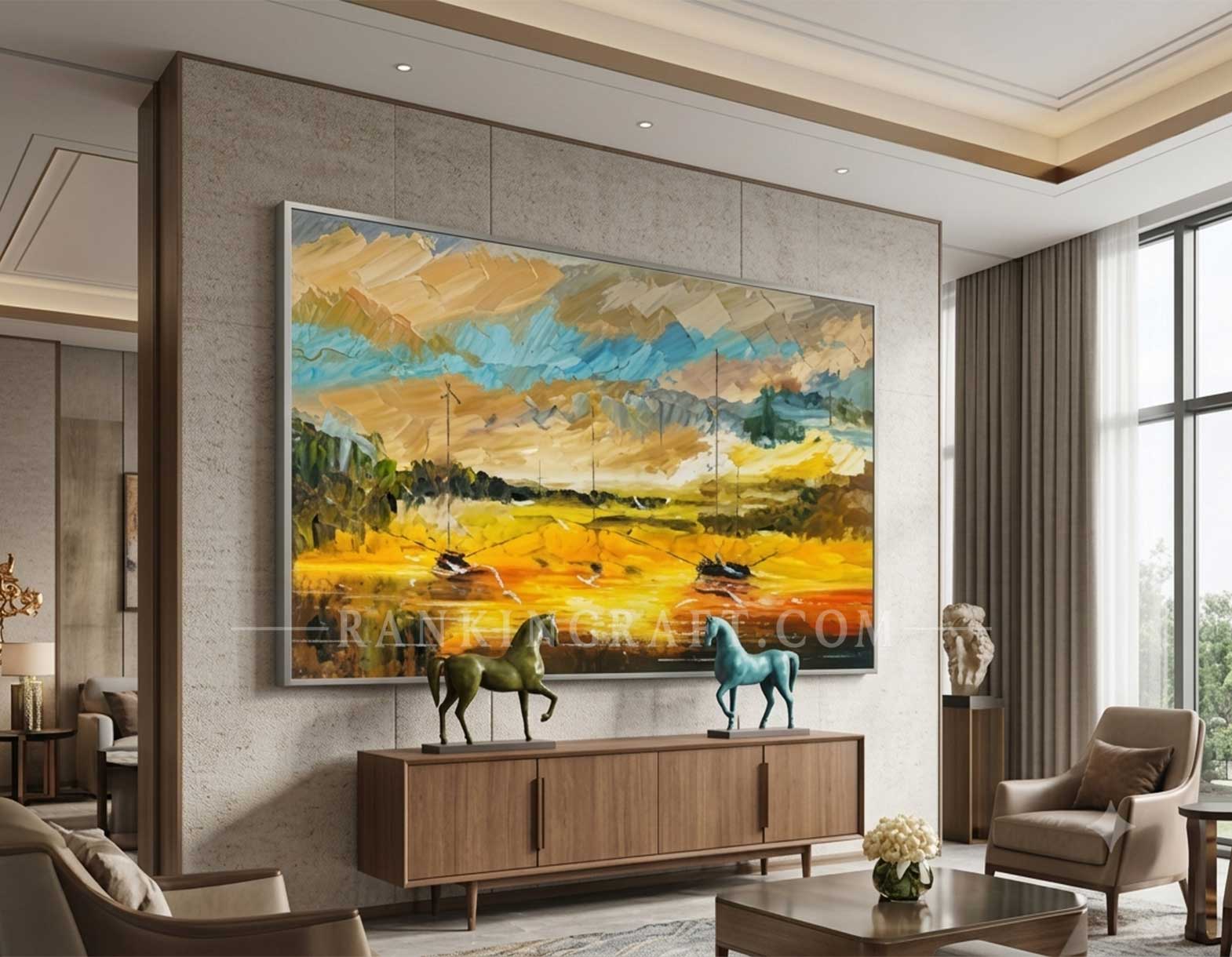 large golden sailboat impasto painting in a luxury hotel lobby interior mockup