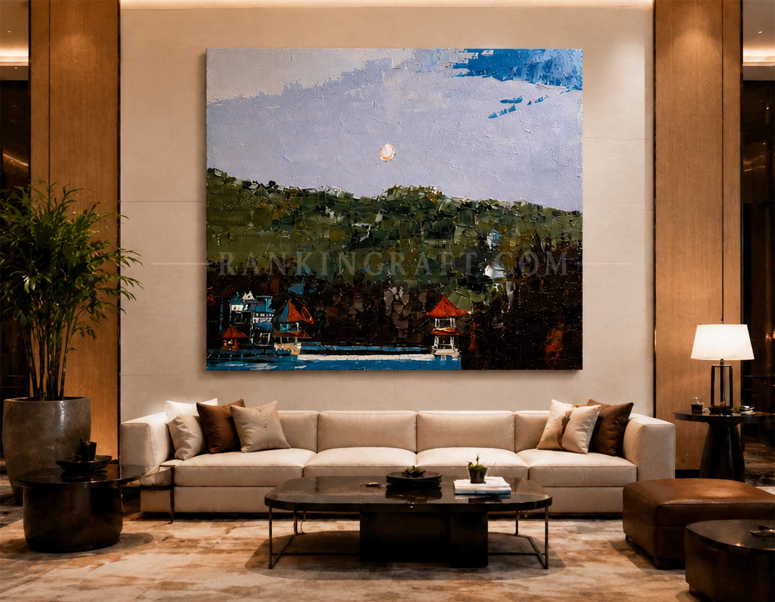 Luxury Bespoke Art: Large Palette Knife Landscape Painting for High-End Decor 1 Oversized thick impasto oil painting of moonlit oriental mountain landscape styled above sofa in luxury interior decor